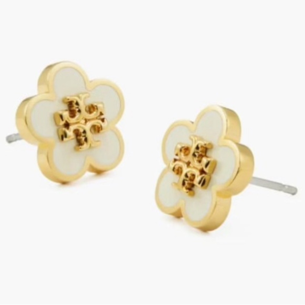 Tory Burch Cream Pearl Earrings with Silver Detail